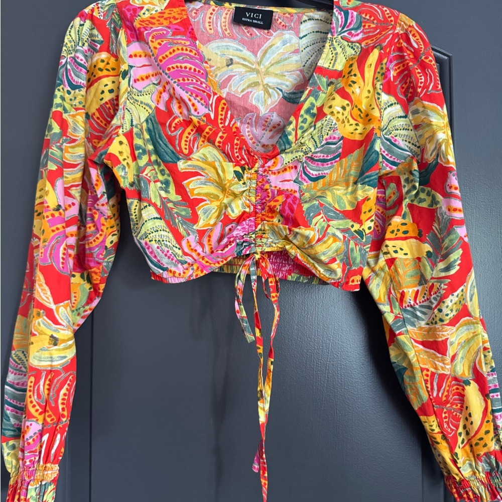 Vici Pink and Orange Crop Blouse with Long Sleeves and Tie Front